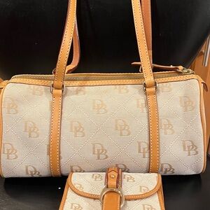 Dooney & Bourke Cream and Tan Shoulder Bag with Logo Pattern